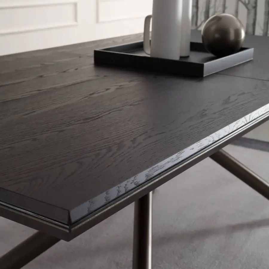 Superior Ozzio Italia Random extendable table with dark wood grain and sleek metal cylindrical legs crafted in a modern finish
