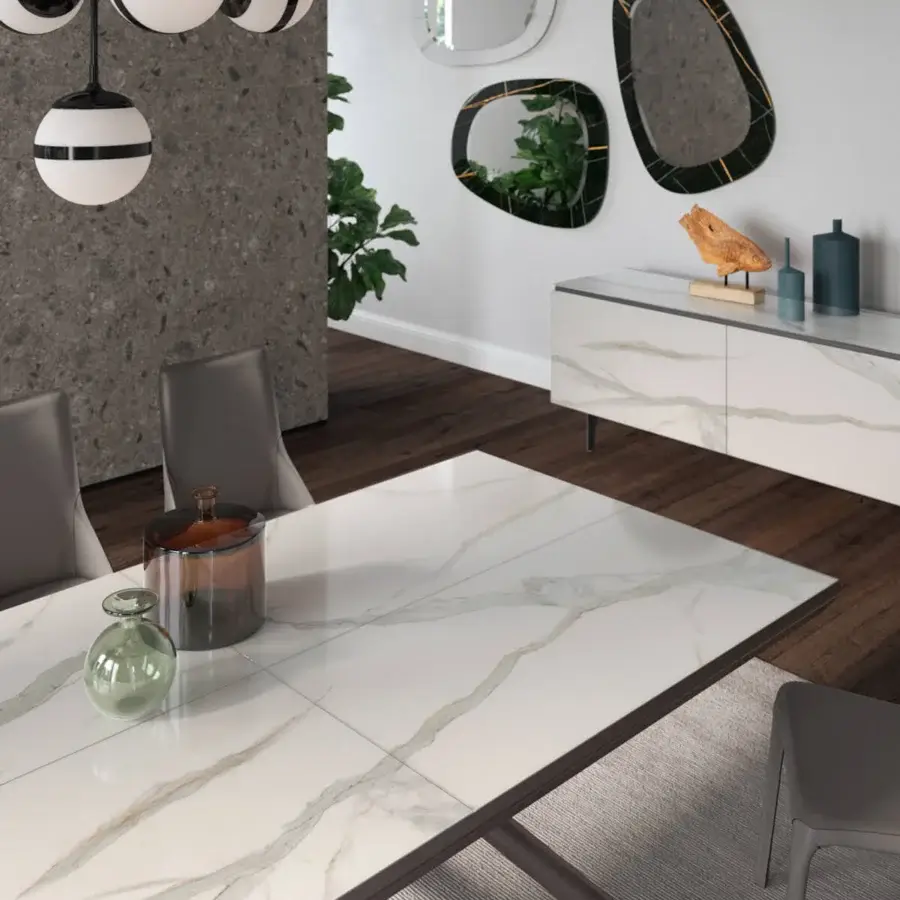 Innovative Ozzio Italia Random extendable table with marble glass top and dark matte metal trestle base crafted in Italy
