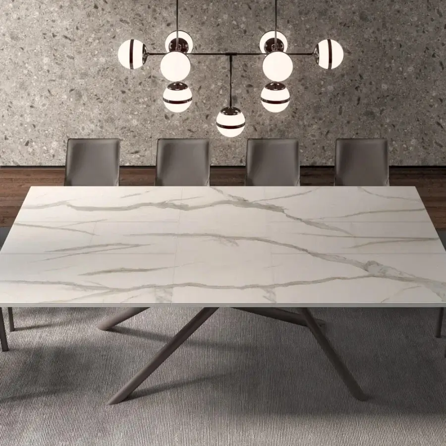 Exceptional Ozzio Italia Random extendable table with marble glass top and dark metal tube base crafted in Italy