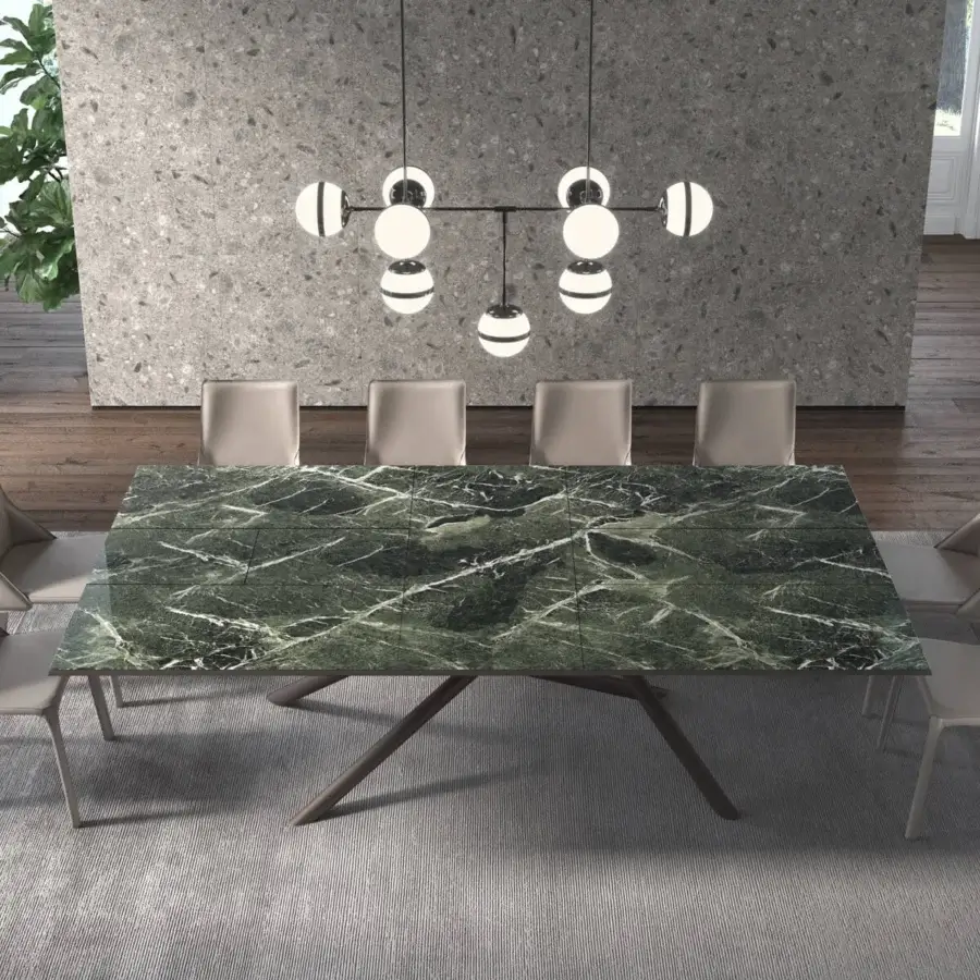 Innovative Ozzio Italia Random extendable table with marble glass top and dark finished metal tube base
