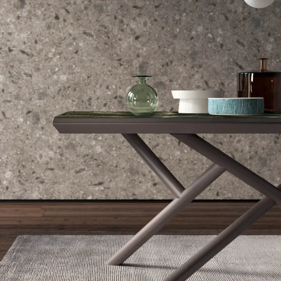 Superior Ozzio Italia Random extendable table with textured green top and angled muted brown legs in marble glass