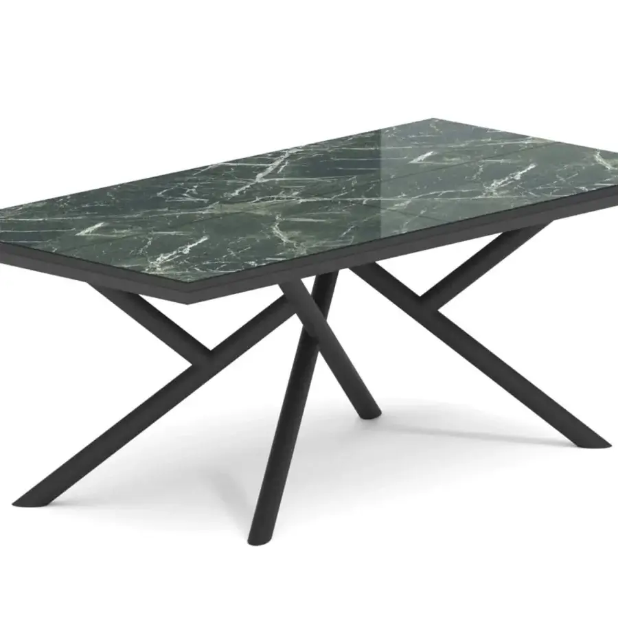 Exceptional Ozzio Italia Random extendable table with dark green marble glass top and black metal tube base