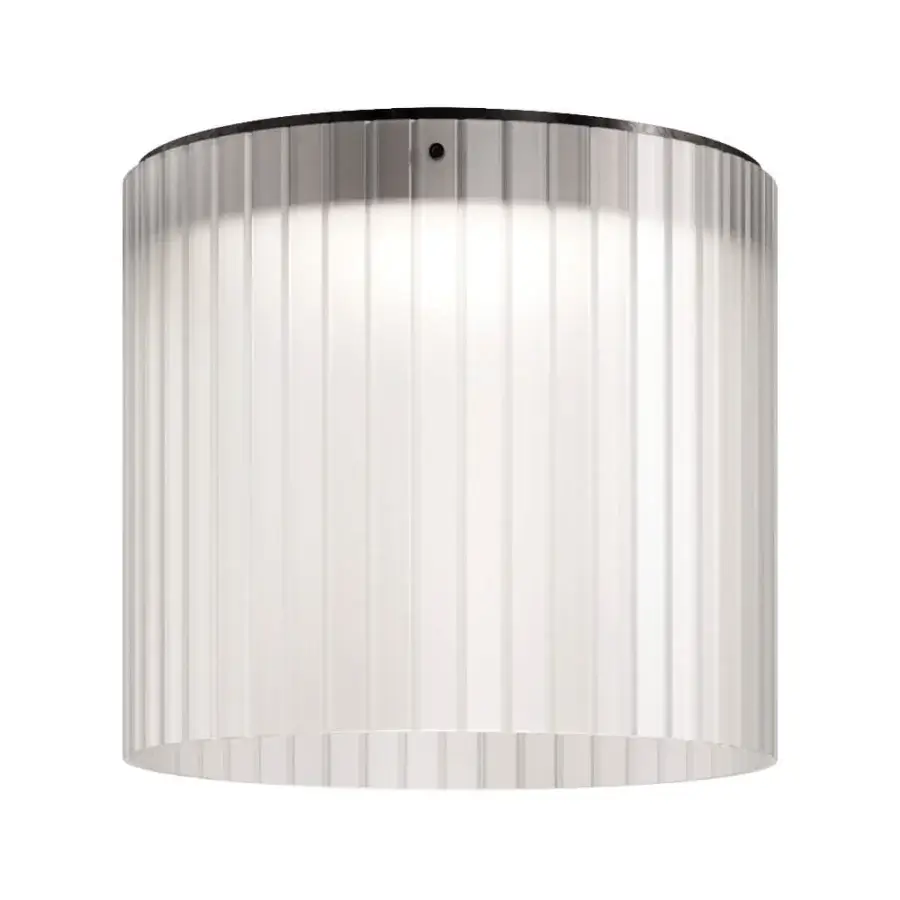 Superior Kundalini Giass ceiling lamp with cylindrical form and vertical ribbed detailing in blown sandblasted glass with coated metal structure