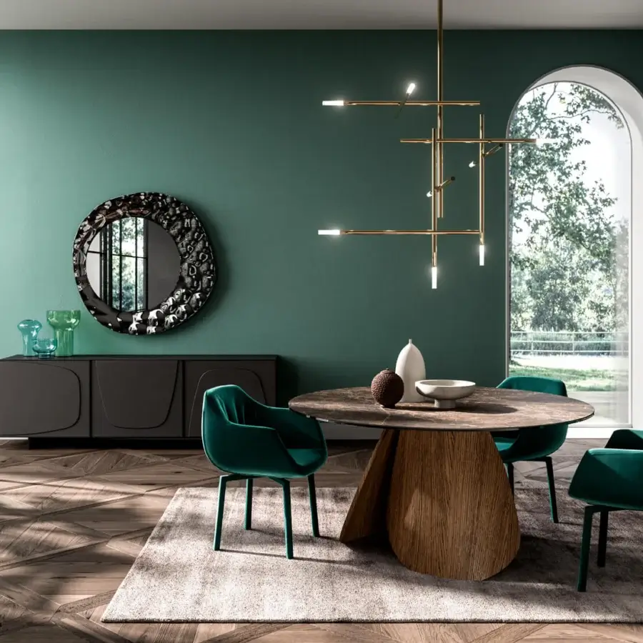 Superior Ozzio Italia Veliero table with a fixed round ceramic top and light brown wood grain base crafted in Italy