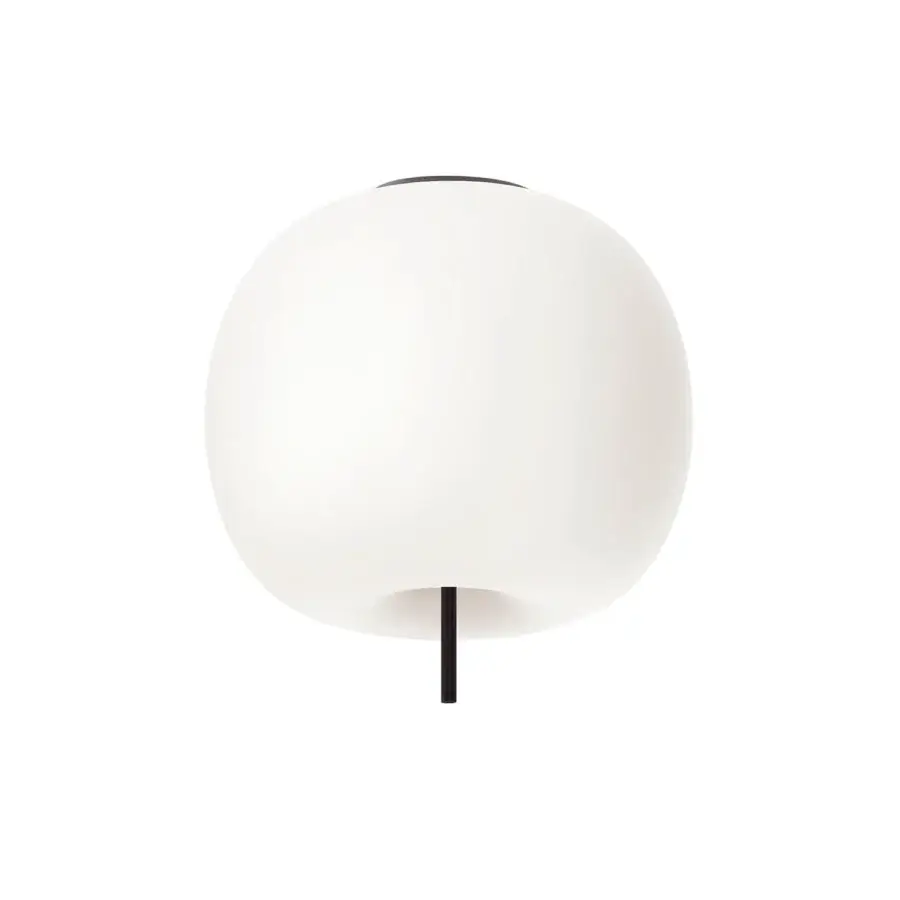 Elegant Kundalini Kushi ceiling lamp with a spherical opal diffuser and thin black metallic body crafted in a minimalist form