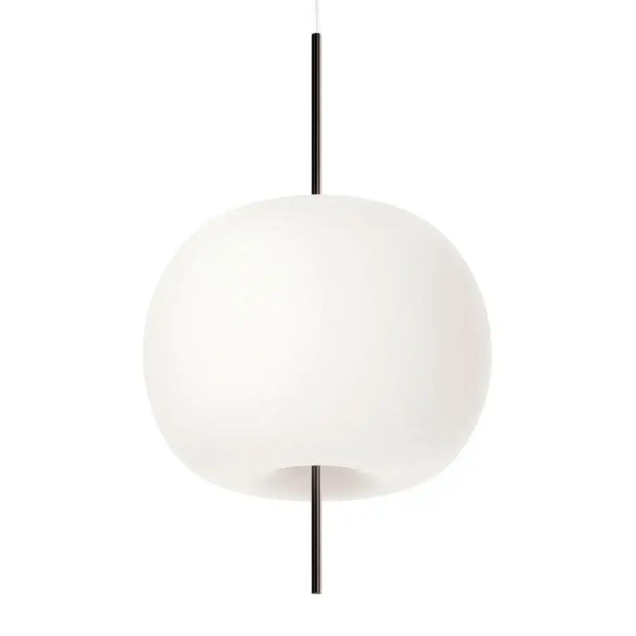 Distinguished Kundalini Kushi suspension lamp with a spherical diffuser crafted in mouth-blown glass and pierced with thin black rods