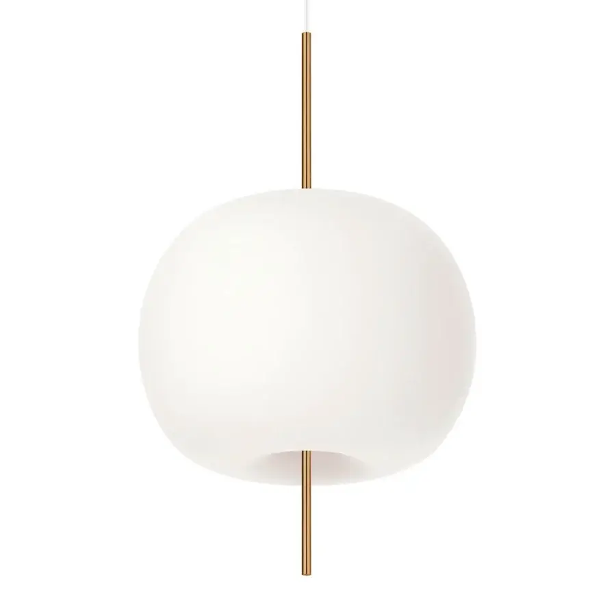 Exceptional Kundalini Kushi suspension lamp with an opal diffuser crafted from mouth-blown glass and a golden metal rod
