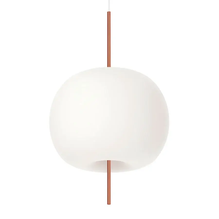 Superior Kundalini Kushi suspension lamp with a spherical opal diffuser built from mouth-blown glass and copper finish