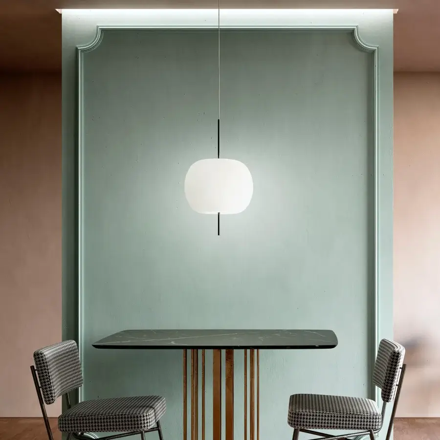 Distinguished Kundalini Kushi suspension lamp with hand-blown opal glass and sleek black metallic body crafted in Italy