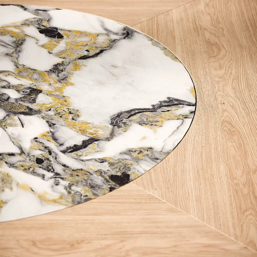 Exceptional Ozzio Italia Veliero table with a white marble-like ceramic Lazy Susan and light-toned wood showcasing natural grain