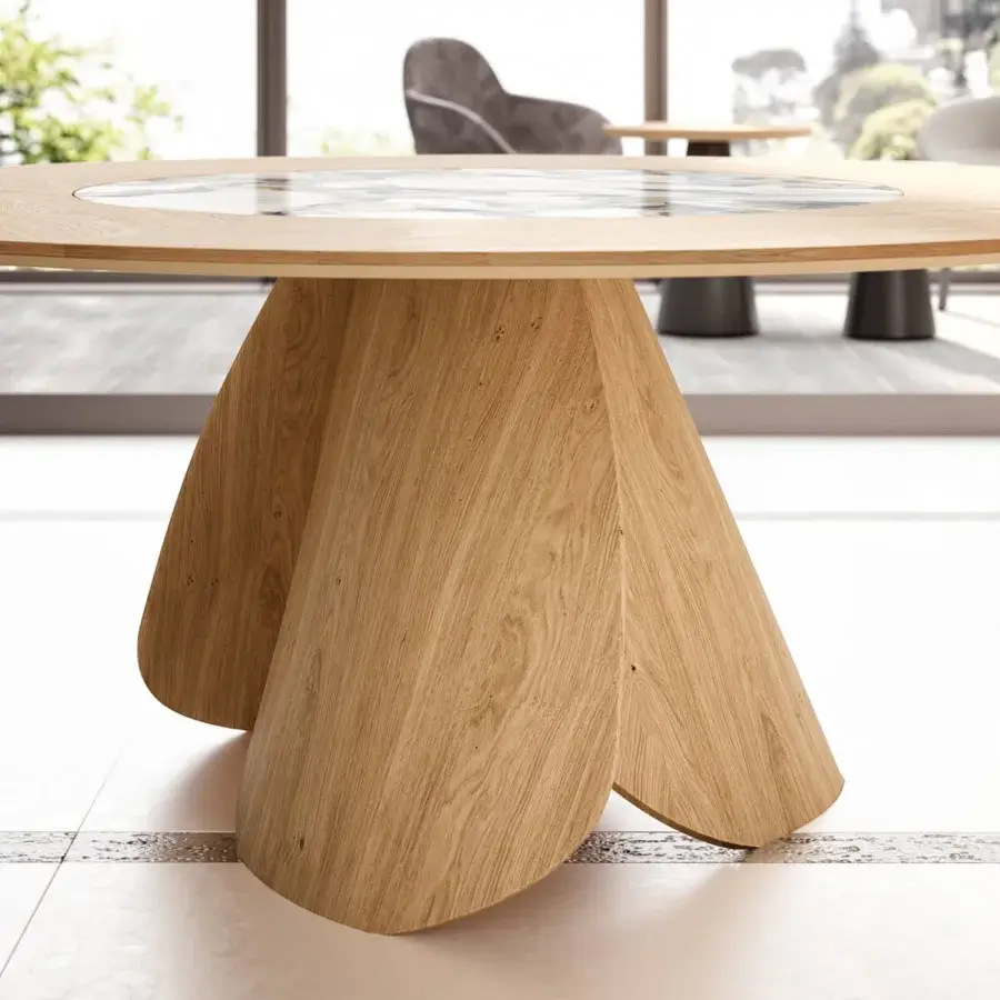 Distinguished Ozzio Italia Veliero table crafted in wood with a ceramic Lazy Susan and light brown natural finish