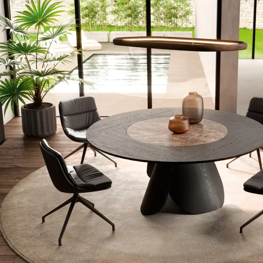 Superior Ozzio Italia Veliero table crafted in dark wood with a mottled light brown stone-like tray and matte finish