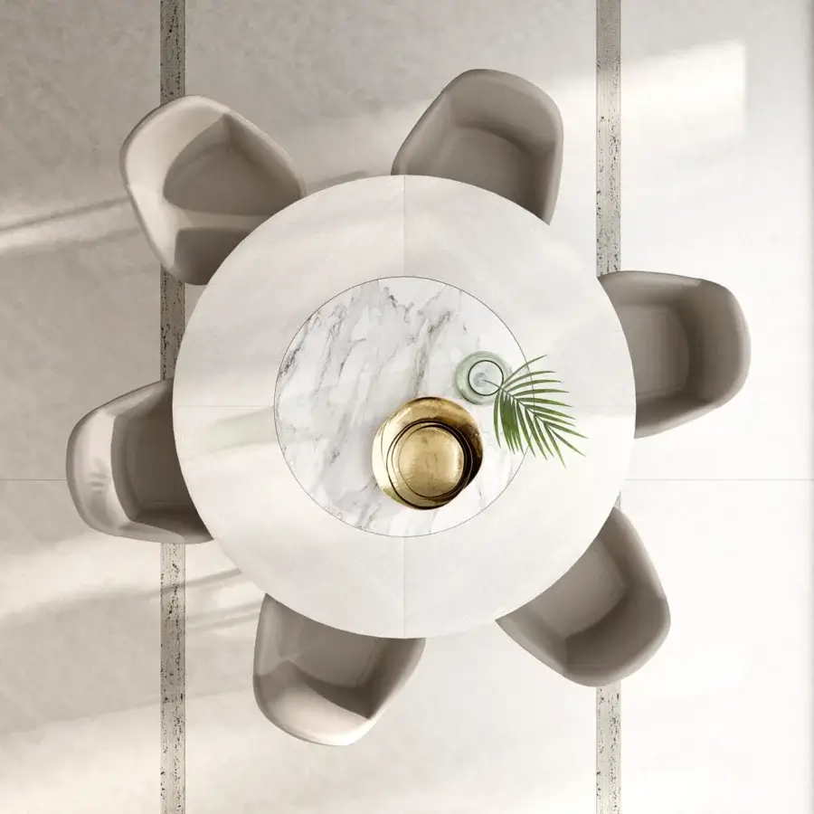 Elegant Ozzio Italia Veliero table built with a sculptural wooden base and light stone-like tabletop including a white marble Lazy Susan