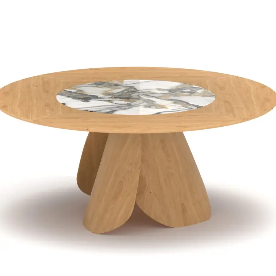 Distinguished Ozzio Italia Veliero table crafted with a light brown wooden surface and ceramic Lazy Susan tray with curved supports