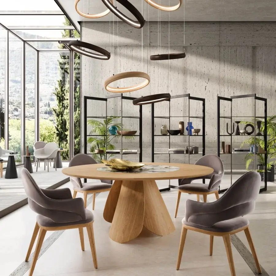 Exceptional Ozzio Italia Veliero table with a light brown wooden surface and sculpted light-toned wooden base crafted with a smooth finish