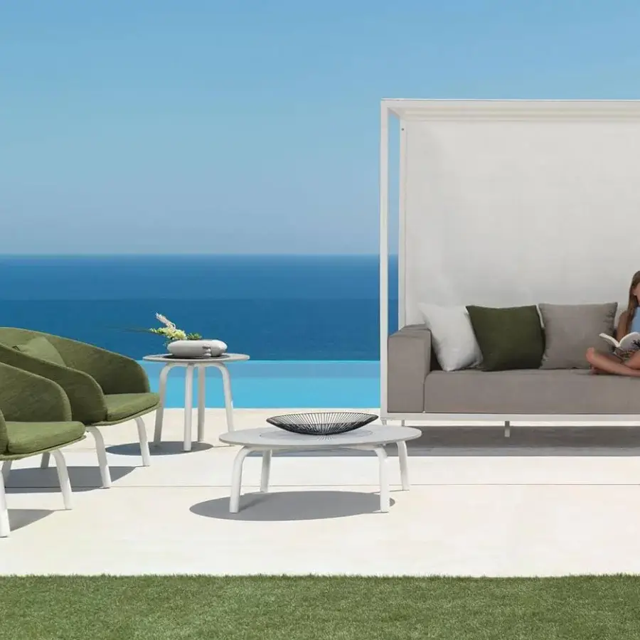 Elegant Talenti Cleo Alu coffee table with light grey cement fiber and white powder-coated aluminum structure