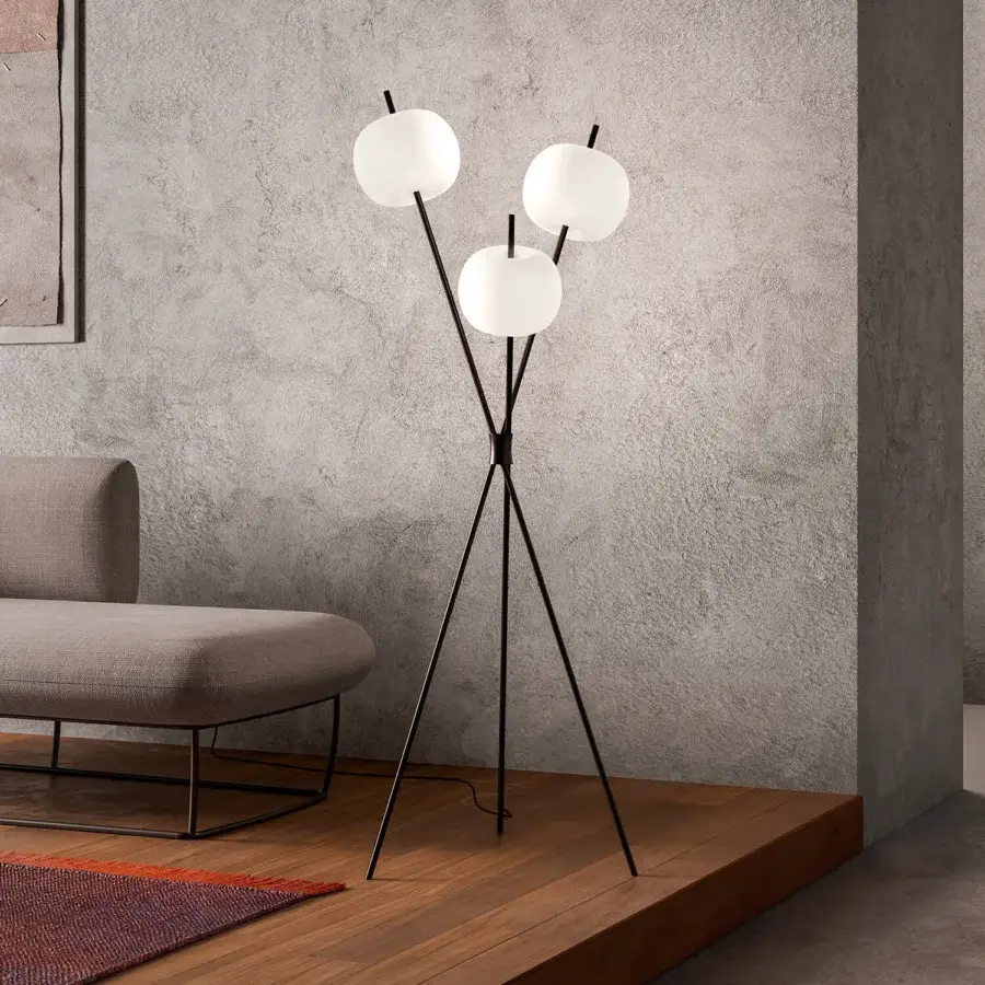 Superior Kundalini Kushi floor lamp with opal glass diffusers and a black coated metal body