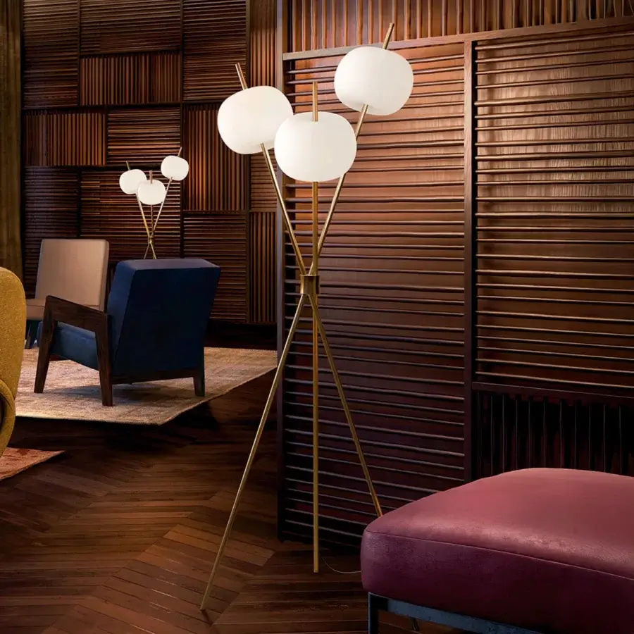 Elegant Kundalini Kushi floor lamp with mouth-blown opal glass diffusers and a polished brass metal frame