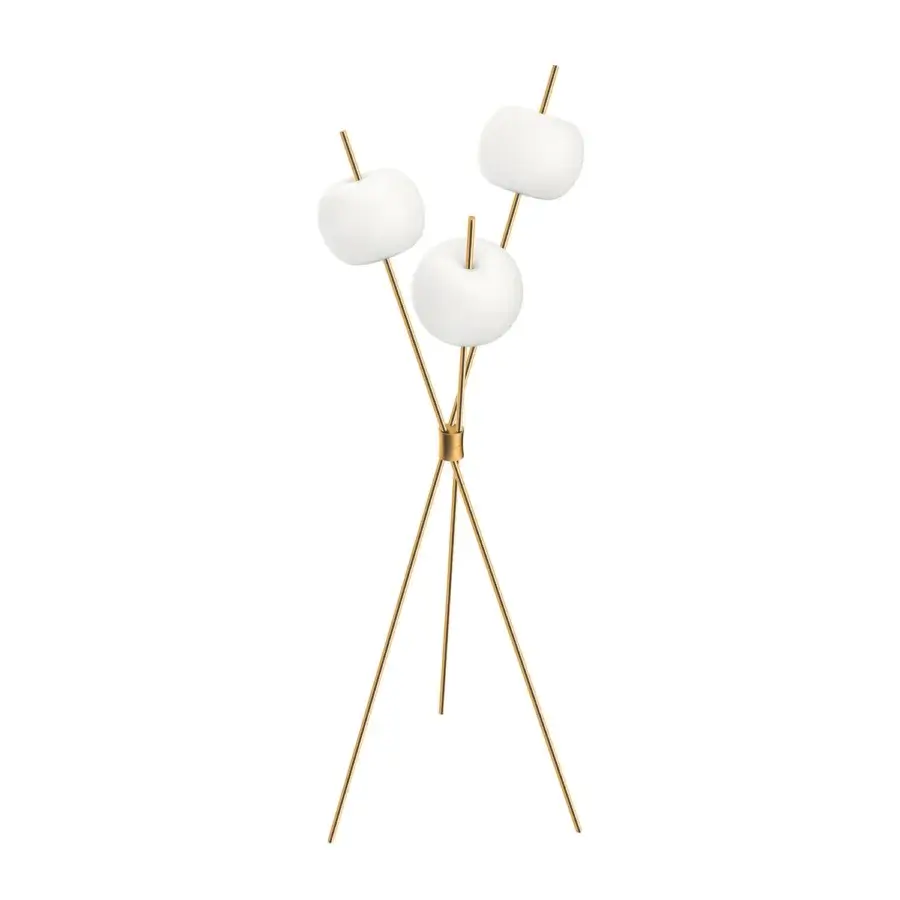 Captivating Kundalini Kushi floor lamp with a glossy gold metallic body and spherical opal glass diffusers