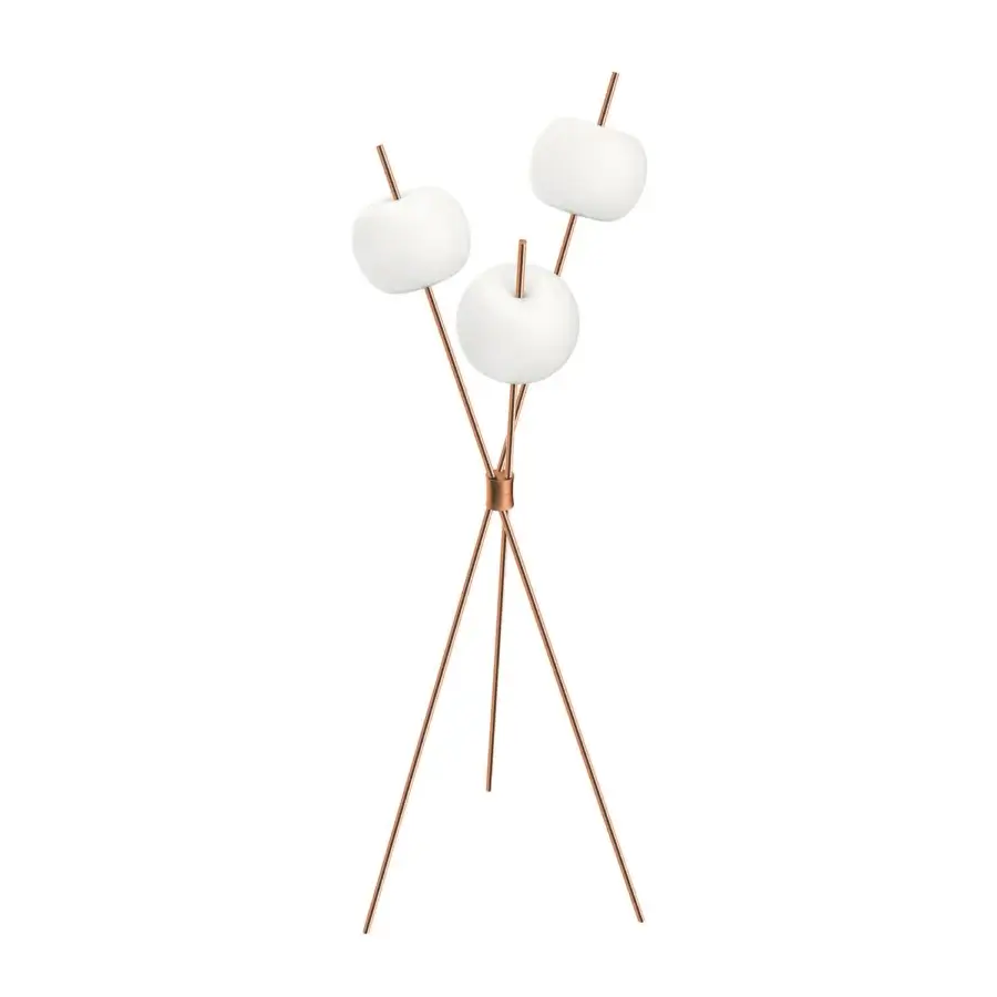 Exclusive Kundalini Kushi floor lamp with three white opal glass diffusers and warm copper metallic rods