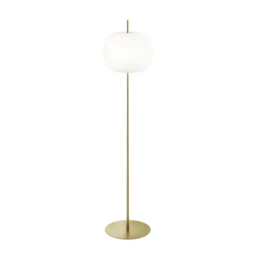 Captivating Kundalini Kushi XL floor lamp with opal glass diffuser and slender metal rod in a sophisticated brass finish