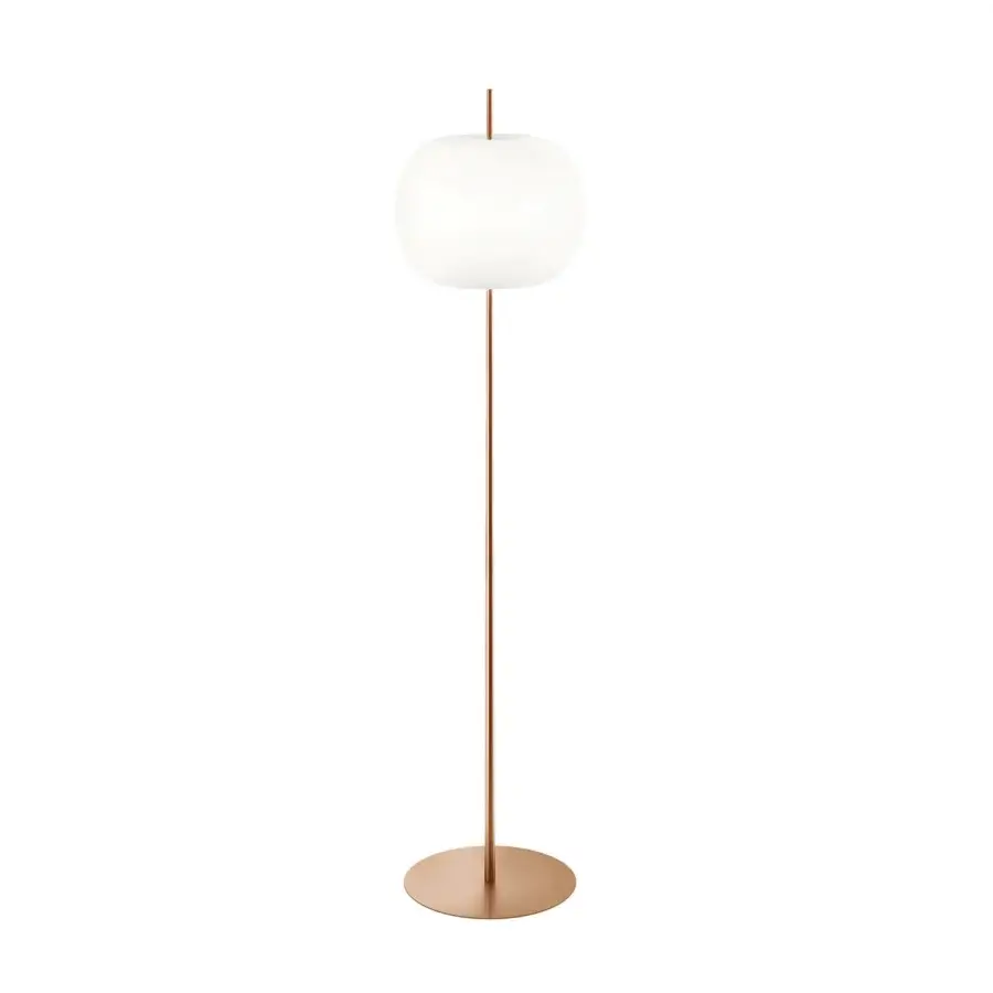 Distinguished Kundalini Kushi XL floor lamp with mouth-blown opal glass diffuser and smooth copper metallic stem