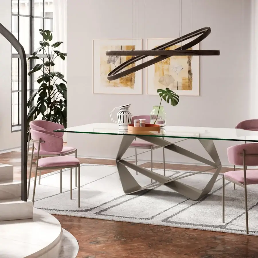 Distinguished Ozzio Italia Gem table with rectangular glass top and interwoven metal base in matte finish