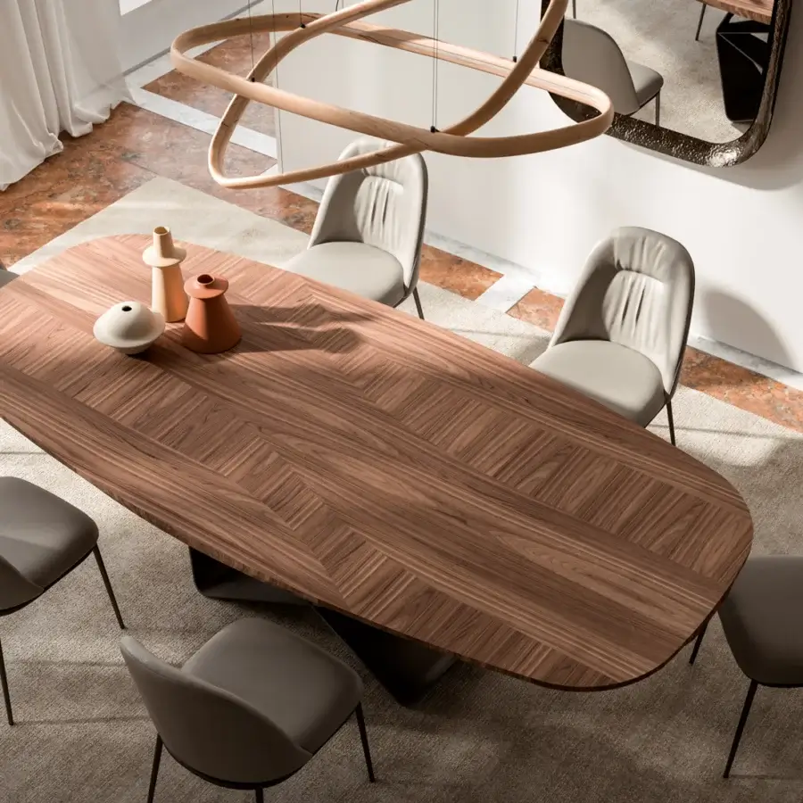 Distinguished Ozzio Italia Gem table with warm brown wood and dark metal base exhibiting a herringbone pattern with a smooth matte finish