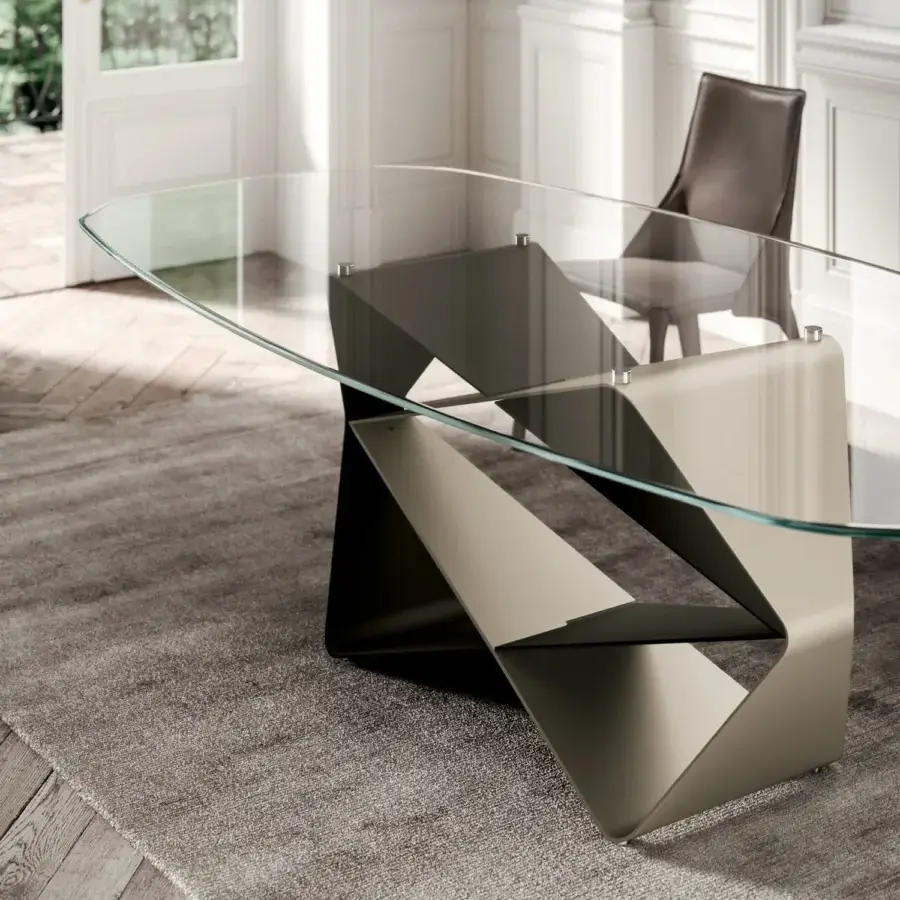 Distinguished Ozzio Italia Gem table with clear glass and painted sheet metal base in a muted matte finish