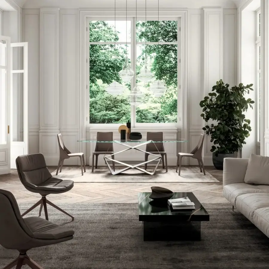 Captivating Ozzio Italia Gem table with clear glass, double beveled edge and glossy silver-toned metal base