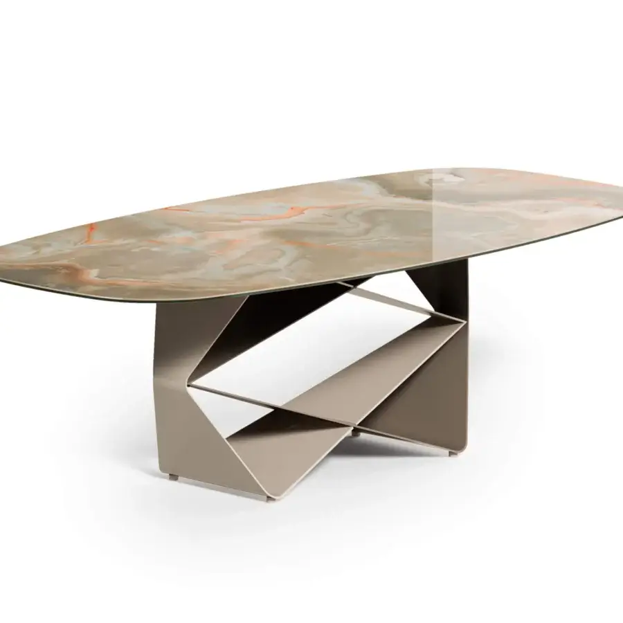 Distinguished Ozzio Italia Gem table with oblong marbled tabletop and matte taupe painted sheet metal interlocking base