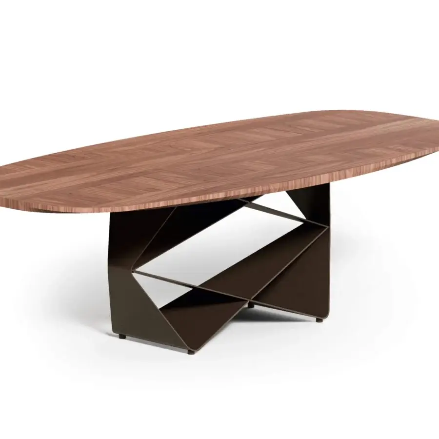 Exceptional Ozzio Italia Gem table with herringbone wood top and dark bronze painted sheet metal base crafted with a smooth finish