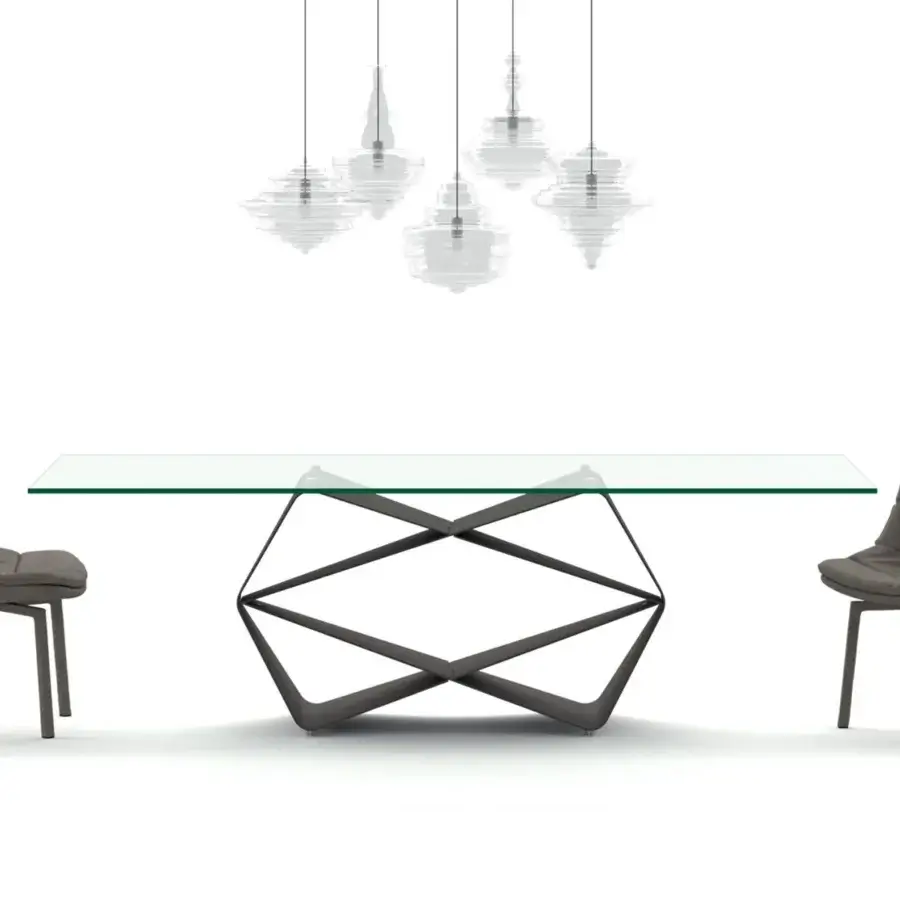 Distinguished Ozzio Italia Gem table with rectangular glass top and dark-toned geometric metal base with matte finish