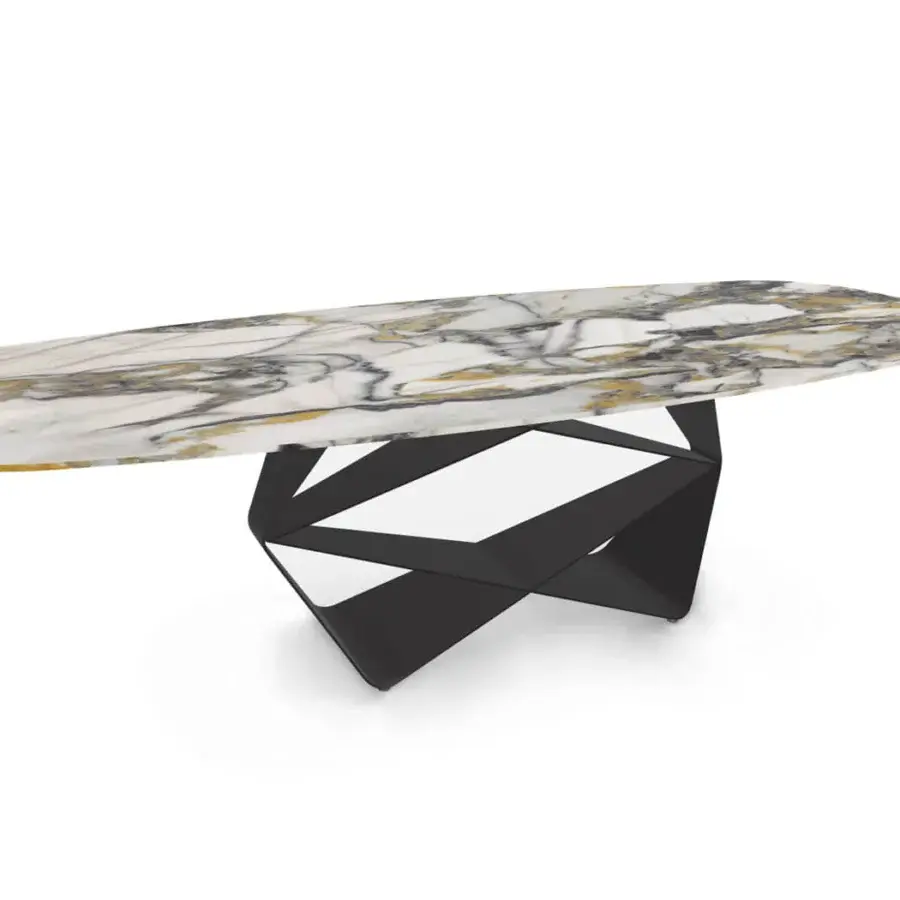 Superior Ozzio Italia Gem table with light marble top and matte black geometric sheet metal base