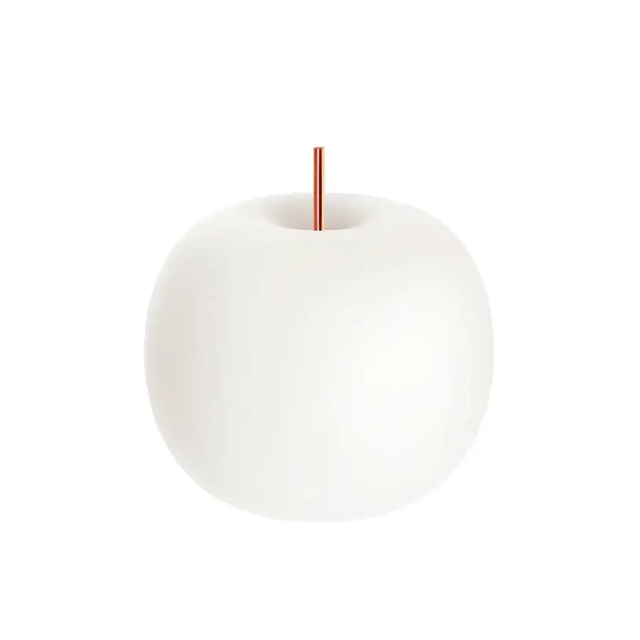 Distinguished Kundalini Kushi table lamp with apple-like form in matte white mouth-blown glass and copper-coated metallic rod