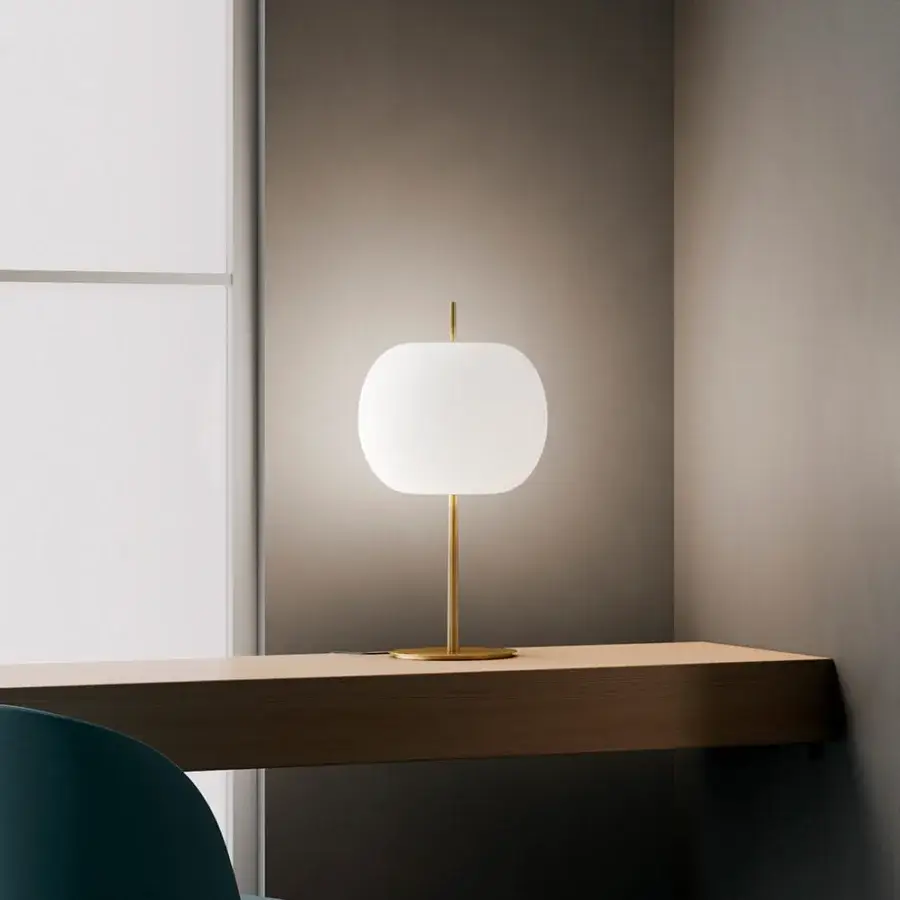 Exceptional Kundalini Kushi XL lamp with luminous opal glass diffuser and slender brass rod built with a smooth brass coating