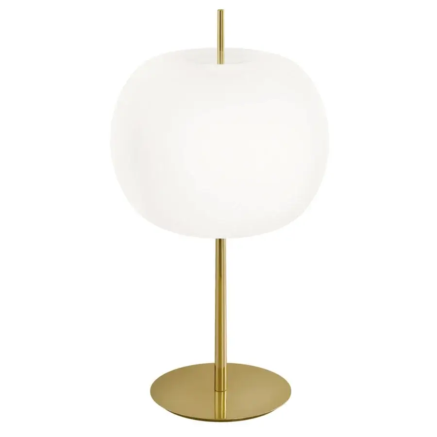Distinguished Kundalini Kushi XL lamp with a lavish opal diffuser crafted from dual layers of mouth-blown glass and glossy brass finish