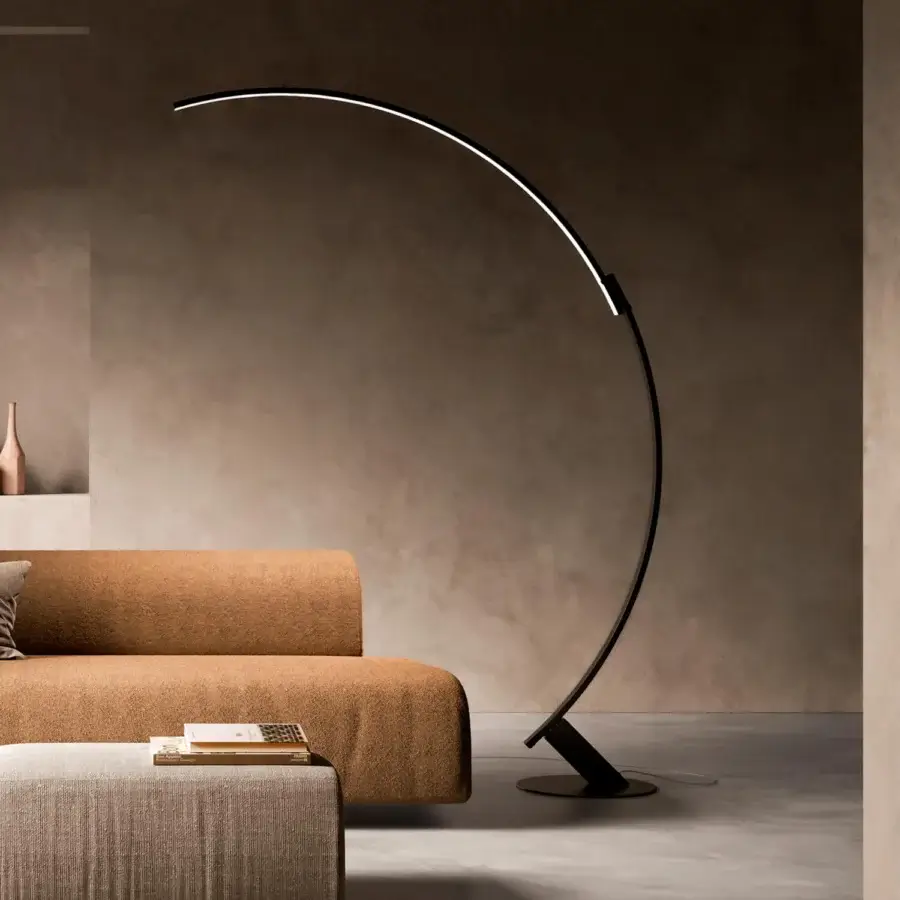 Elegant Kundalini Kyudo floor lamp in extruded aluminum with a sleek black matte varnish coating emits adjustable LED light