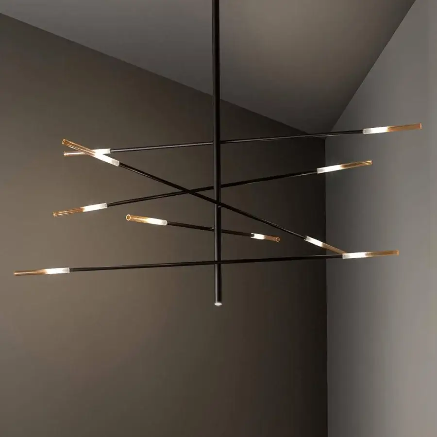 Distinguished Bonaldo Crossroad suspension lamp with sculptural crisscrossing arms and amber-colored glass within a matt lead lacquered metal cylinder