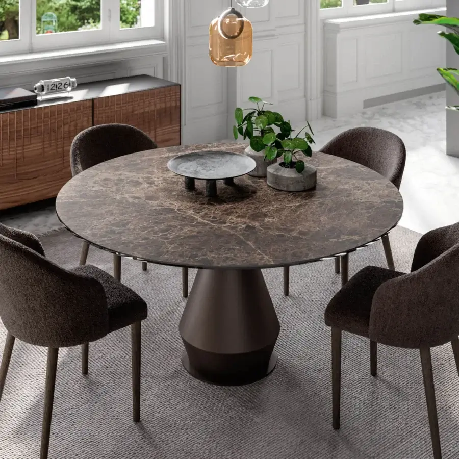 Superior Ozzio Italia Lycos table with dark brown marble-patterned surface and painted metal cone-shaped pedestal base