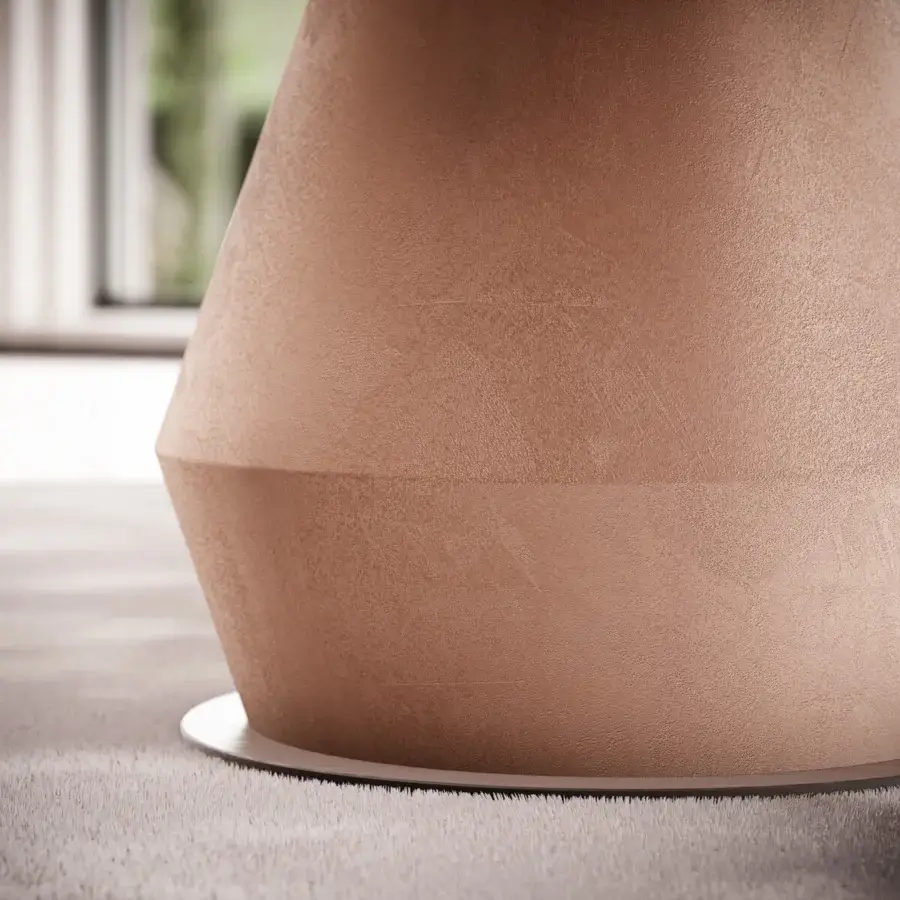 Exceptional Ozzio Italia Lycos table with textured light brownish-tan concrete base and fixed round top in matte finish