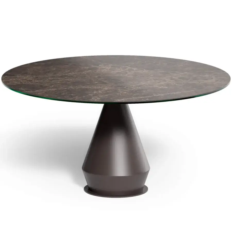 Elegant Ozzio Italia Lycos table with marbled brown top and conical dark muted brown painted metal base
