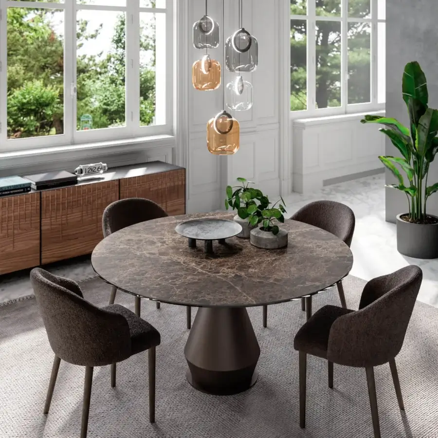 Distinguished Ozzio Italia Lycos table with a fixed round brown marbled top and darker brown matte painted metal pedestal base