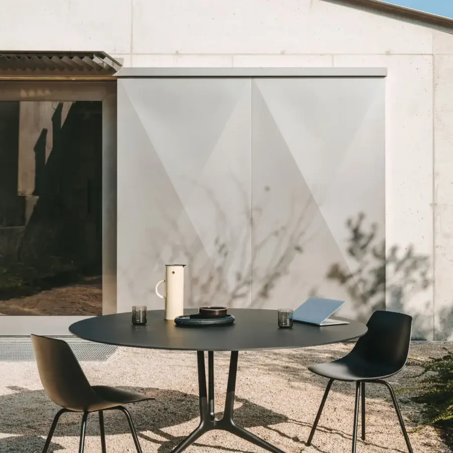 Exceptional Lapalma Trail table with round HPL Fenix laminate top and die-cast aluminum legs built with polyester powders
