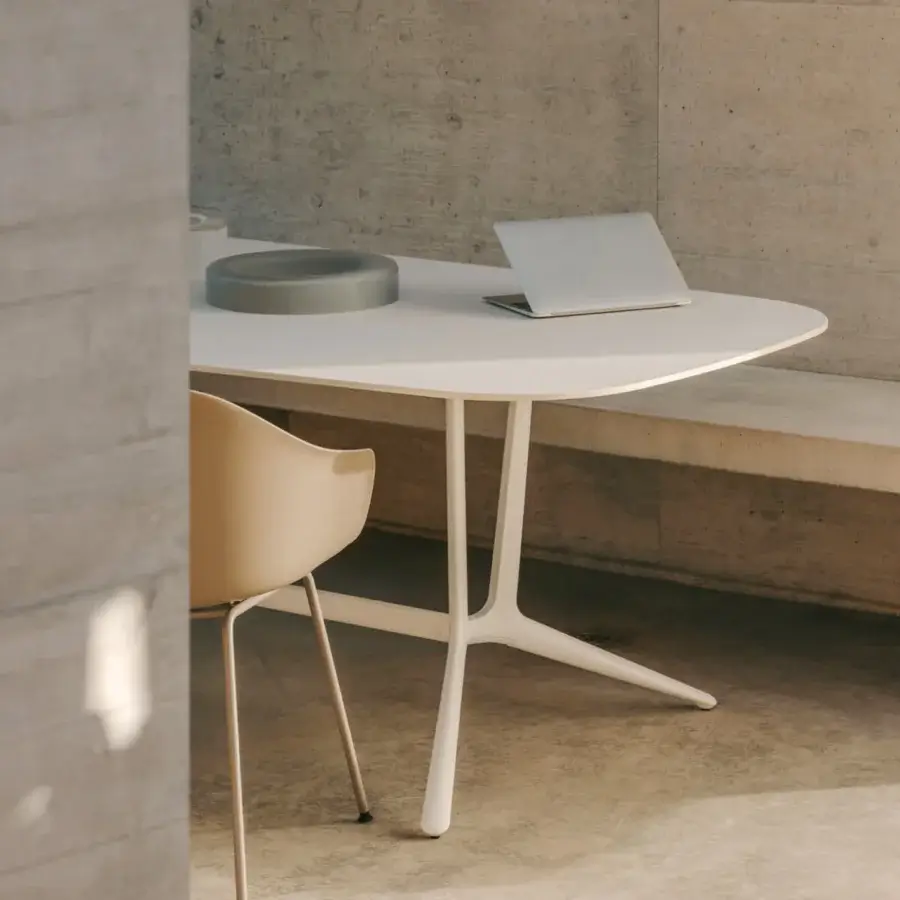 Elegant Lapalma Trail table with matte white HPL Fenix laminate top and white polyester powder coated die-cast aluminum legs