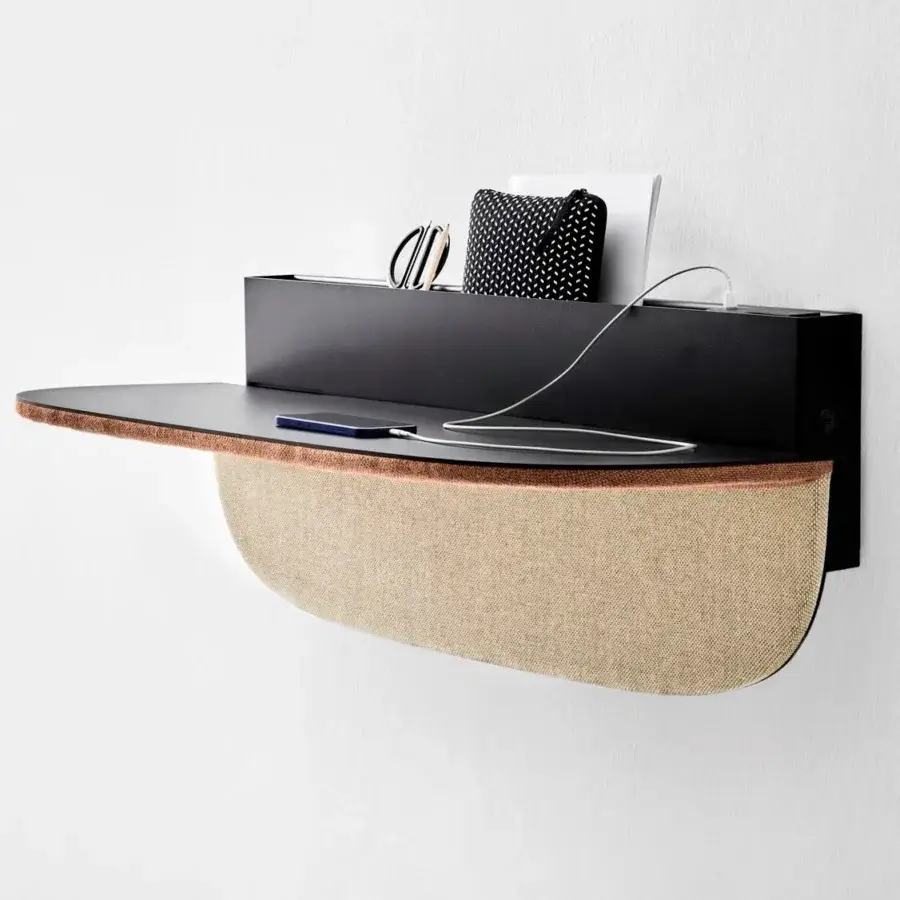 Distinguished Bolzan Letti Dune desk with a matte black surface and beige fabric, built with a metal structural bar in Italy