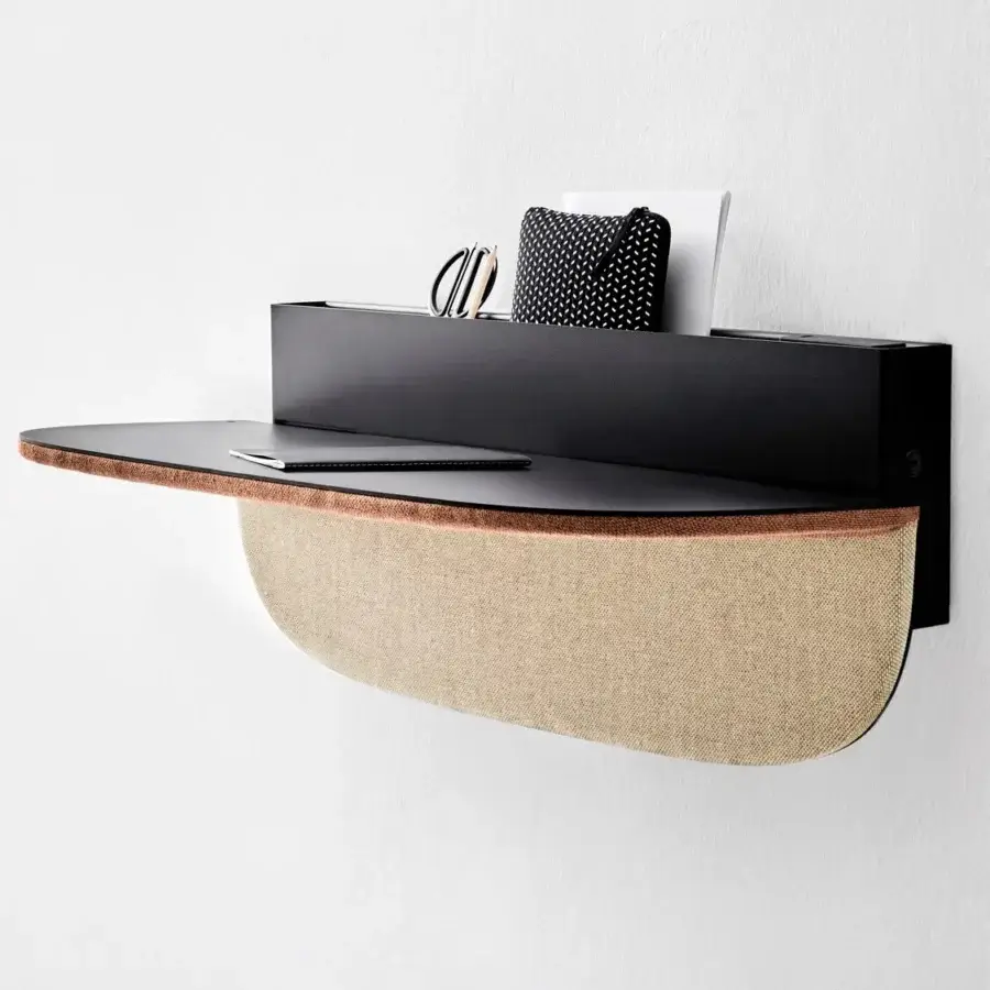 Exceptional Bolzan Letti Dune desk with a dark gray worktop and light tan textile panel, built in matte painted metal