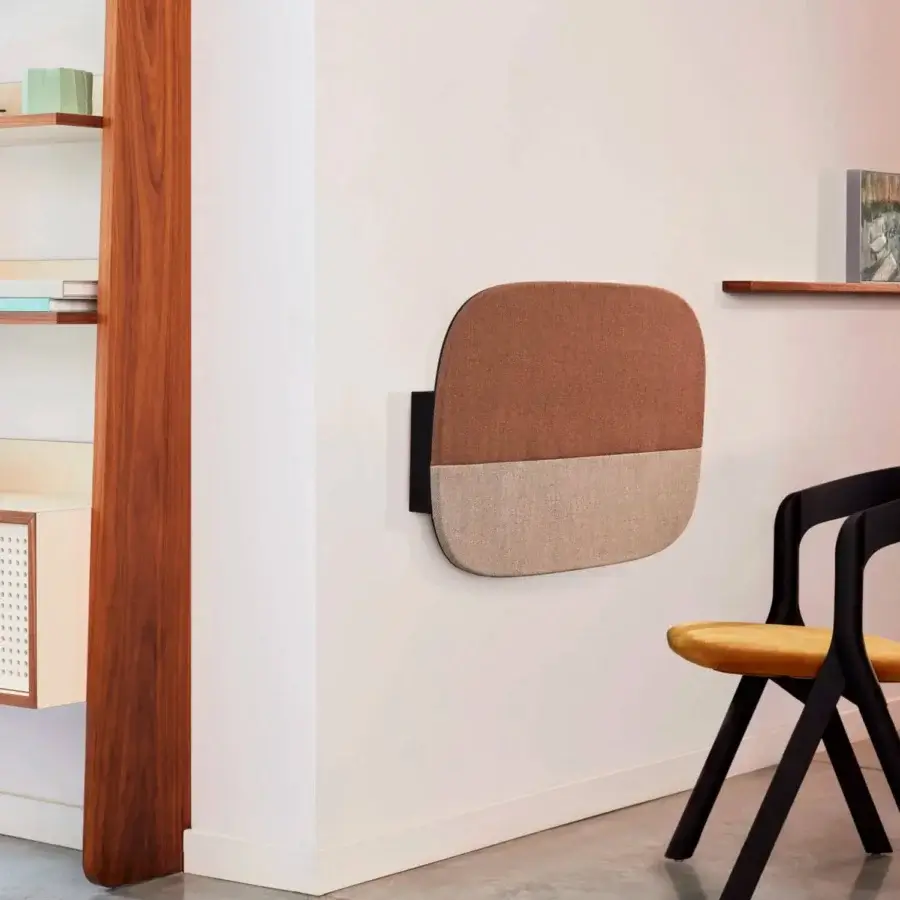Distinguished Bolzan Letti Dune desk crafted in Italy with a two-tone textile worktop and black metal structural bar for device connectivity