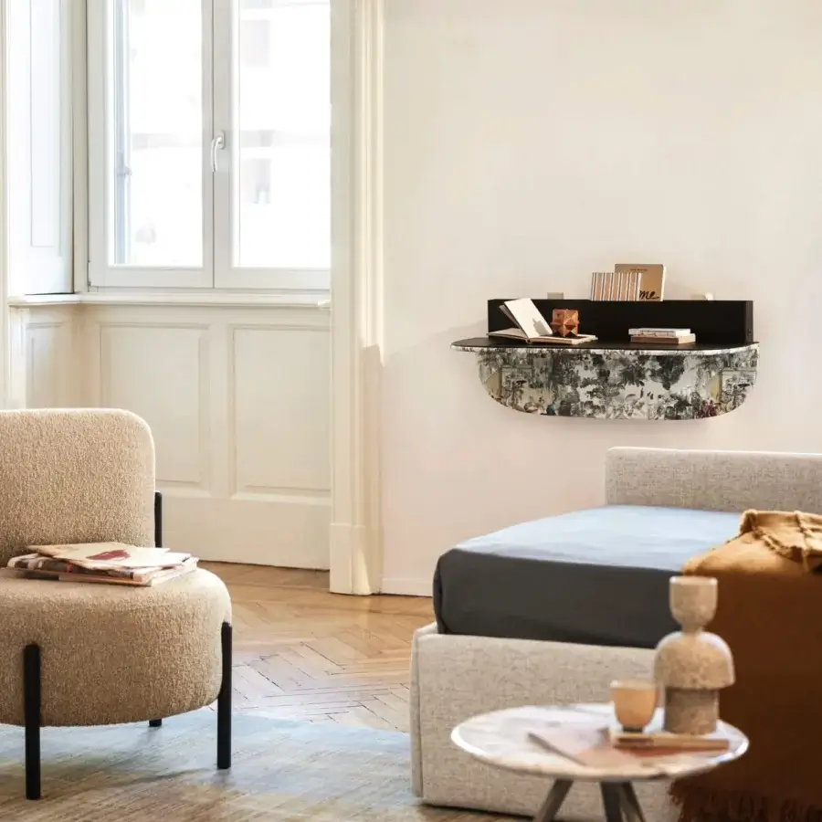 Distinguished Bolzan Letti Dune desk crafted with a wall-mounted design, matte black worktop and curved panel in decorative black and white textile