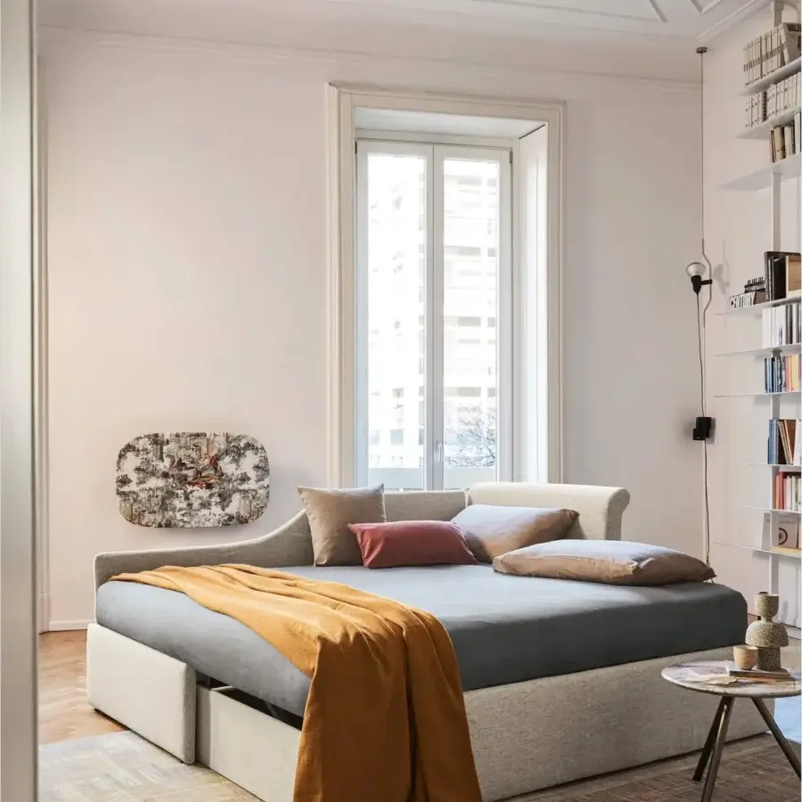 Exceptional Bolzan Letti Dune desk built with a wall-mounted textile panel and metal structural bar for technological equipment connection